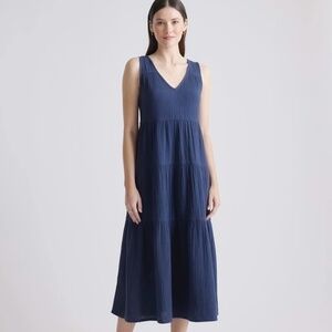 Quince Indigo Blue Organic Cotton Gauze Tiered Maxi Dress sz M Sleeveless NWT